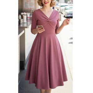 50s Vintage Mauve Pink Fit and Flare Midi Dress Large